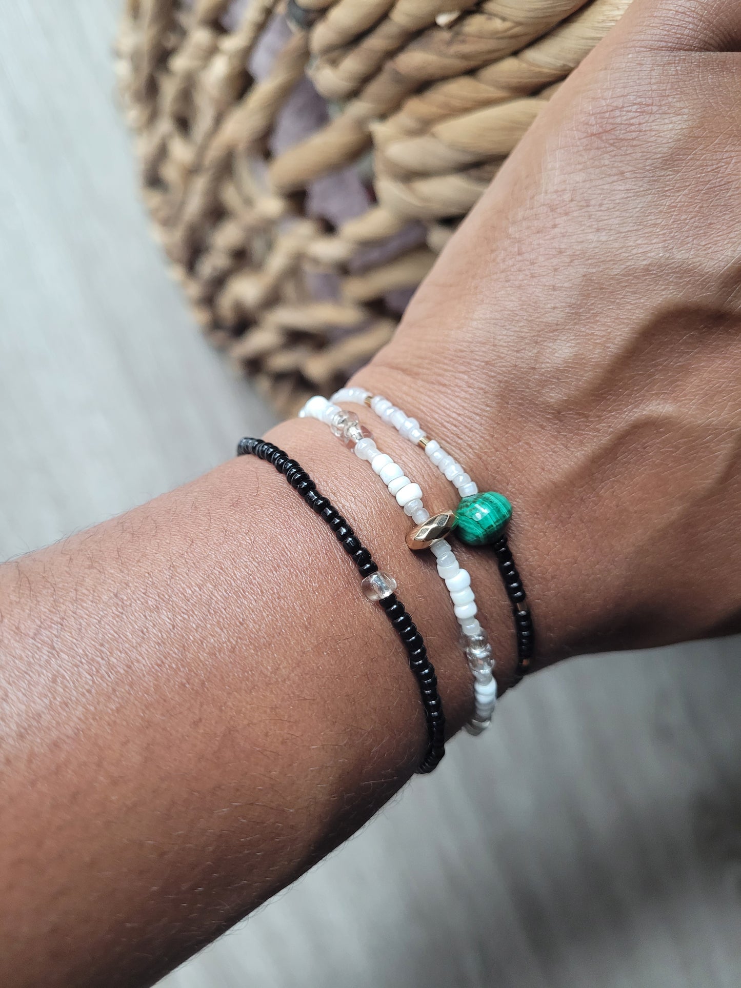 Black and white bracelet set with malachite